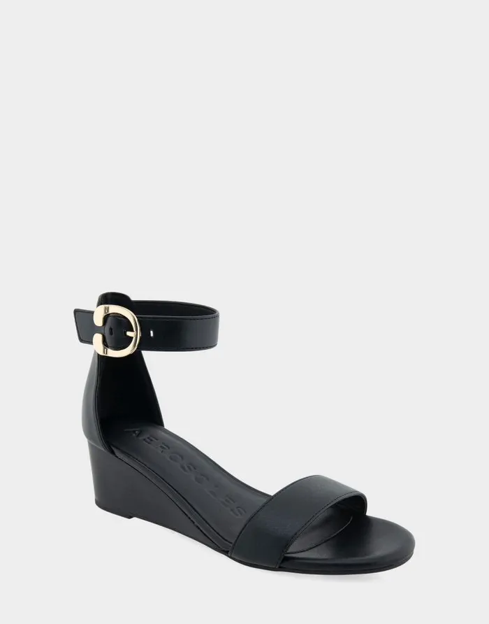Aerosoles Comfortable Women039s Ankle Strap Mid Wedge Sandal In Black Faux Leather Black Faux Leather With Stacked Heel Women Wedges