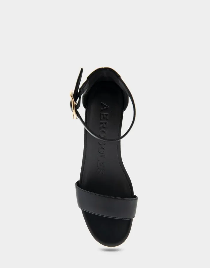 Aerosoles Comfortable Women039s Ankle Strap Mid Wedge Sandal In Black Faux Leather Black Faux Leather With Stacked Heel Women Wedges
