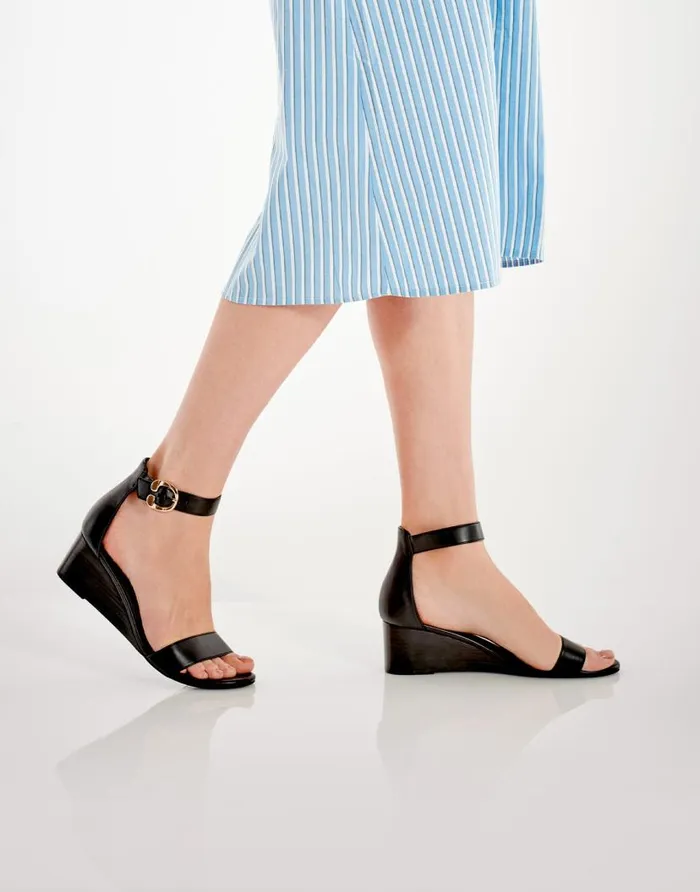 Aerosoles Comfortable Women039s Ankle Strap Mid Wedge Sandal In Black Faux Leather Black Faux Leather With Stacked Heel Women Wedges
