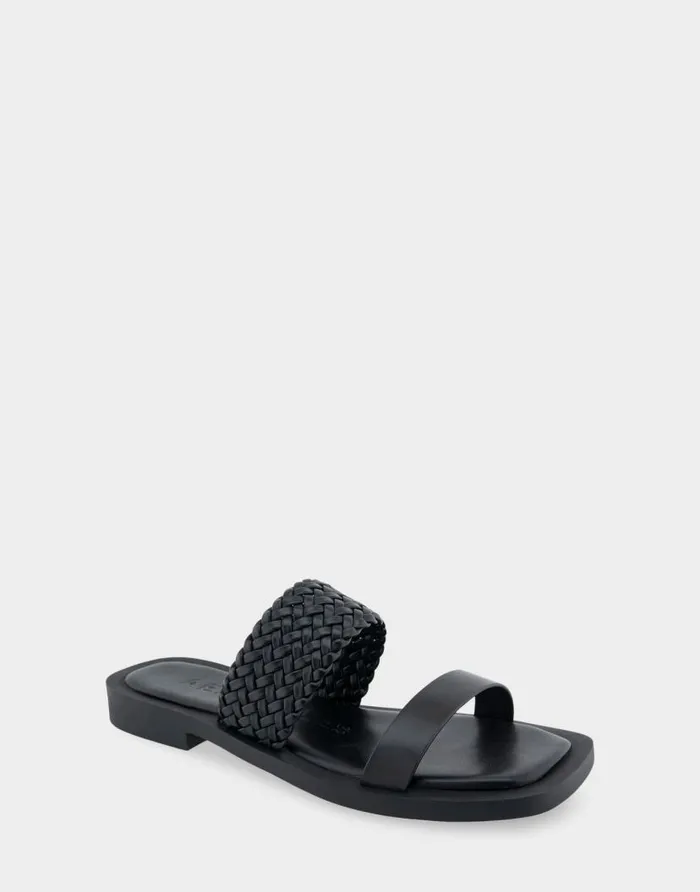 Aerosoles Comfortable Women039s Braided Double Strap Flat Sandal In Black Leather Black Leather Women Clogs and Mules