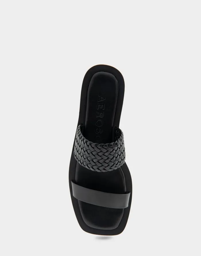 Aerosoles Comfortable Women039s Braided Double Strap Flat Sandal In Black Leather Black Leather Women Clogs and Mules