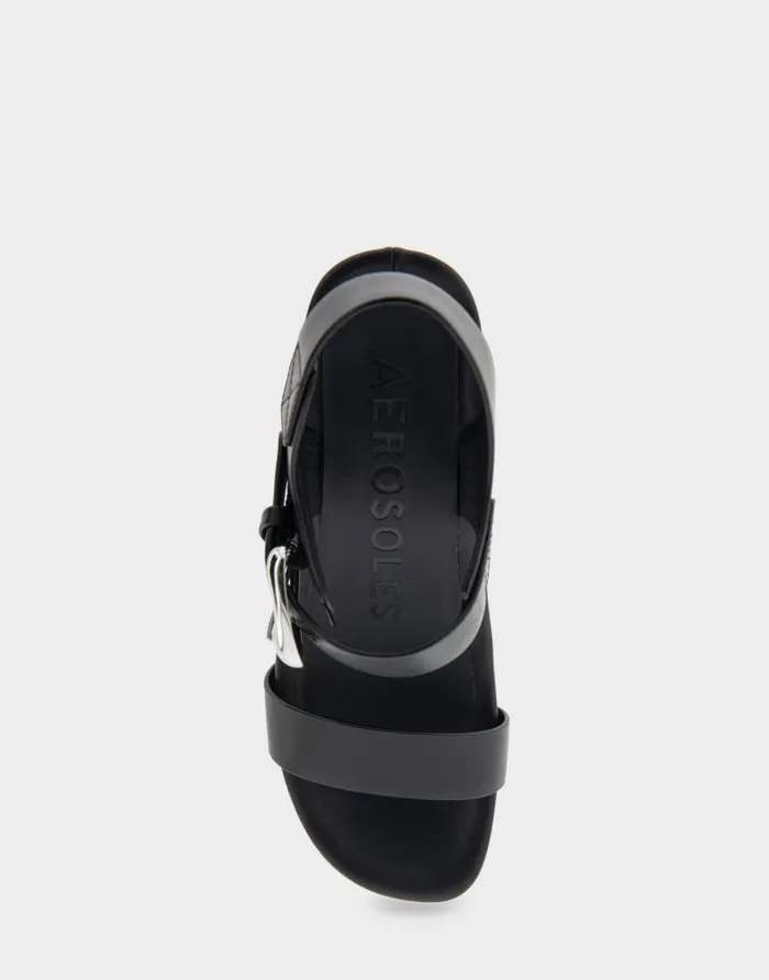 Aerosoles Comfortable Women039s Buckled Footbed Wedge Sandal In Black Leather Black Leather Women Wedges