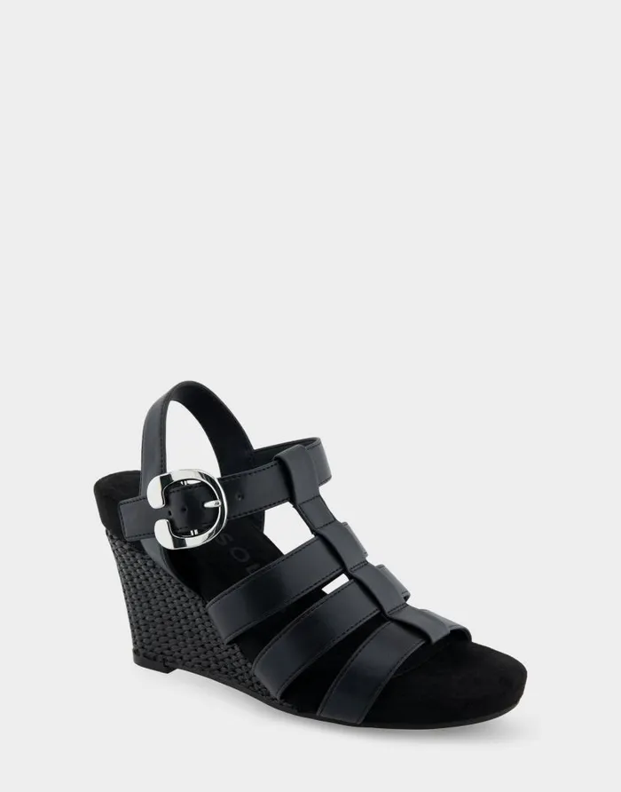 Aerosoles Comfortable Women039s Caged Footbed Wedge Sandal In Black Faux Leather Black Faux Leather Women Wide Width Sandals