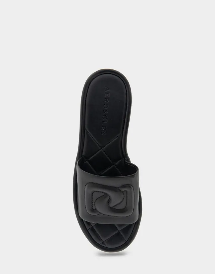 Aerosoles Comfortable Women039s Debossed Chain Link Slide Sandal In Black Leather Black Leather Women Clogs and Mules