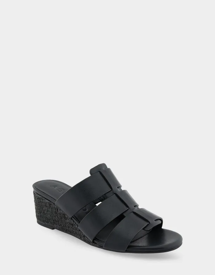 Aerosoles Comfortable Women039s Fisherman Mid Wedge Slide In Black Faux Leather Black Faux Leather Women Wedges