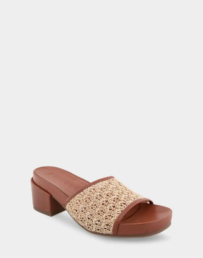 Aerosoles Comfortable Women039s Molded Footbed Low Block Heel Slide In Natural Raffia Combo Raffia Fabric Natural Raffia Combo Women Slides