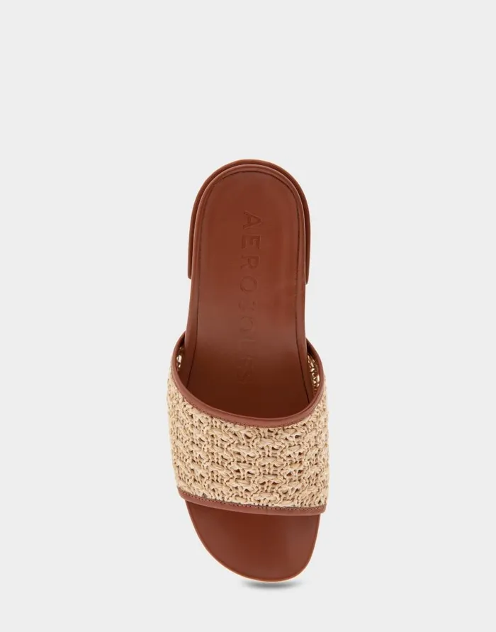 Aerosoles Comfortable Women039s Molded Footbed Low Block Heel Slide In Natural Raffia Combo Raffia Fabric Natural Raffia Combo Women Slides