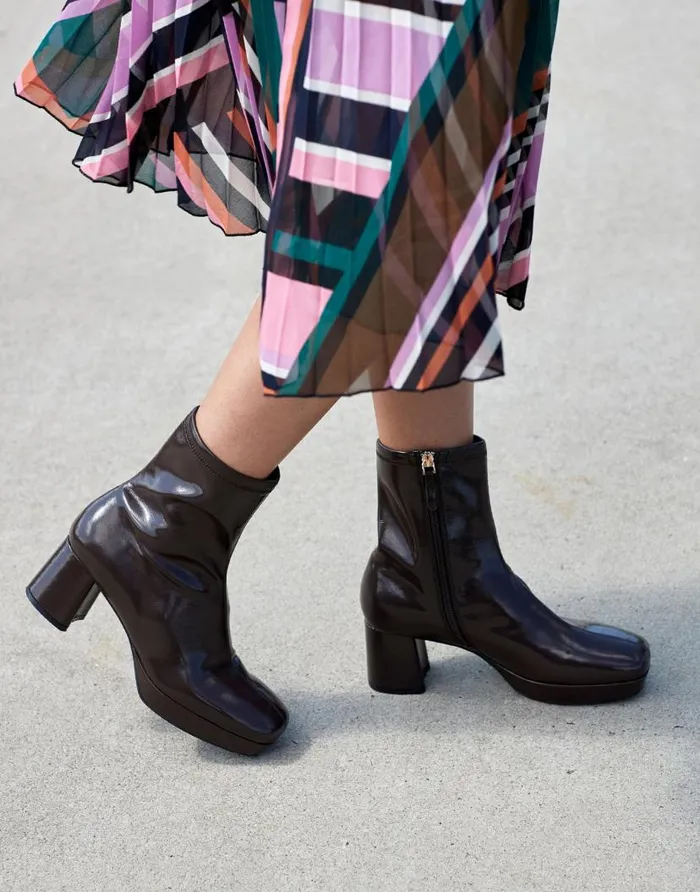 Aerosoles Comfortable Women039s Platform Heel Ankle Boot In Brown Patent Faux Leather Java Patent Faux Leather Women Ankle Boots