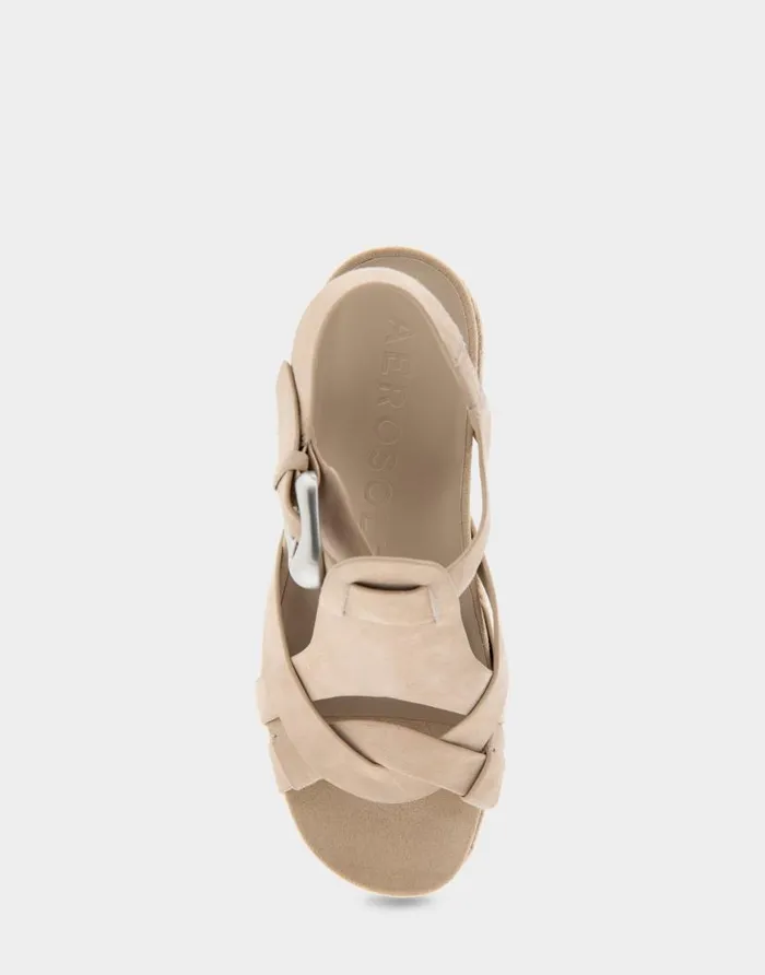 Aerosoles Comfortable Women039s Strappy Molded Footbed Platform Sandal In Pale Khaki Suede Pale Khaki Suede Women Clogs and Mules