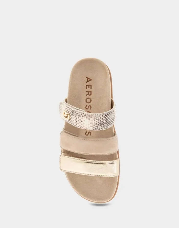 Aerosoles Comfortable Women039s Three Band Footbed Sandal In Gold Metallic Leather Gold Metallic Multi Leather Women Clogs and Mules