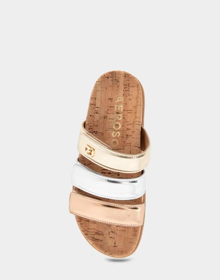 Aerosoles Comfortable Women039s Three Band Footbed Sandal In Rose Gold Leather Rose Gold Multi Leather Women Flats