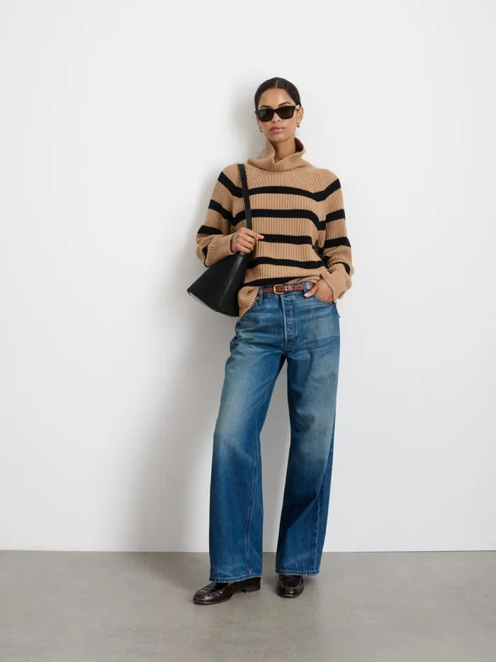 Alex Mill Sweaters Women Chelsea Striped Turtleneck In Cotton Cashmere Camelblack Alex Mill Sweaters Women Chelsea Striped Turtleneck In Cotton Cashmere Camelblack
