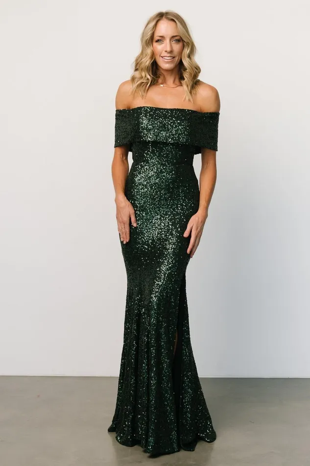 Baltic Born Embellished Sequin Women Yvonne Off Shoulder Sequin Gown Green