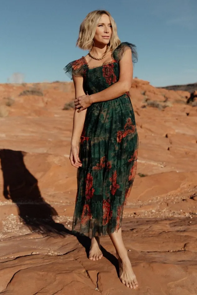 Baltic Born Tulle Styles Women Clementine Tulle Midi Dress Dark Green Floral