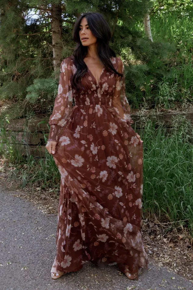 Baltic Born Wedding Guest Women Layla Tulle Maxi Dress Chestnut Floral