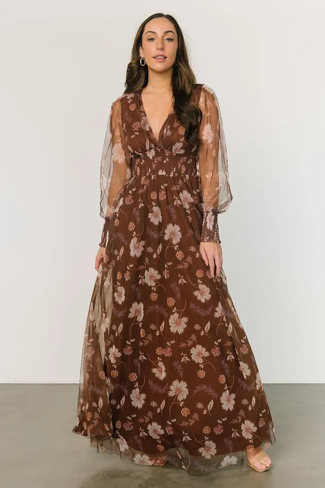 Baltic Born Wedding Guest Women Layla Tulle Maxi Dress Chestnut Floral