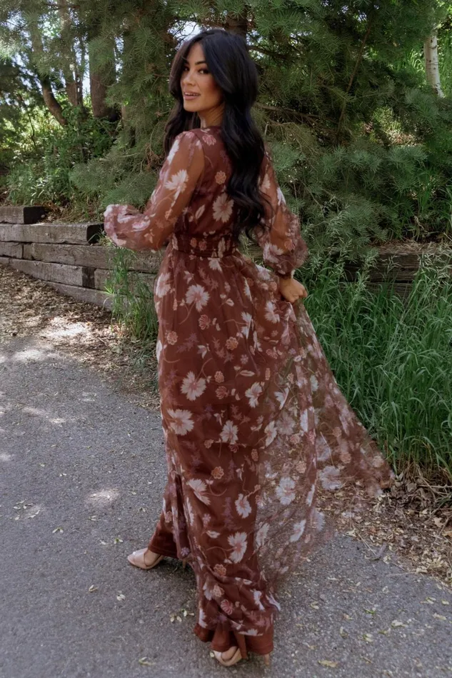 Baltic Born Wedding Guest Women Layla Tulle Maxi Dress Chestnut Floral