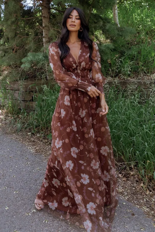 Baltic Born Wedding Guest Women Layla Tulle Maxi Dress Chestnut Floral