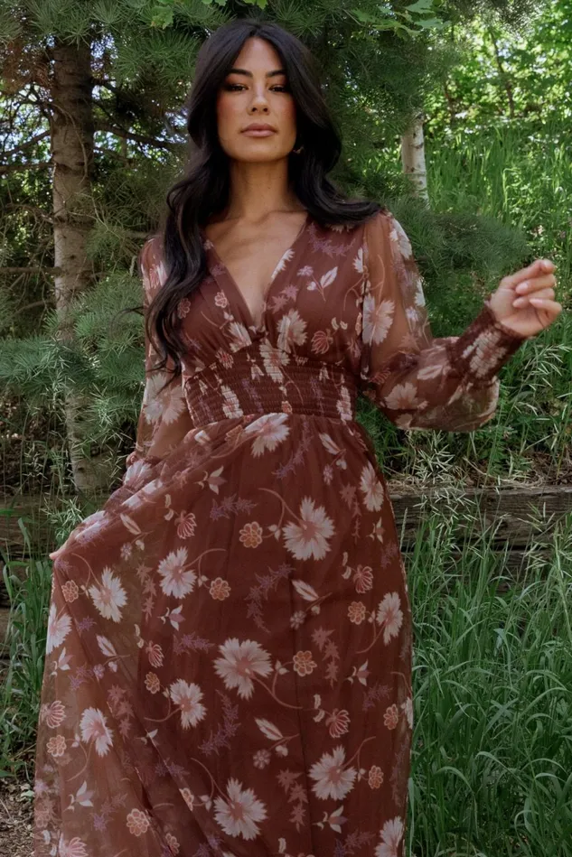 Baltic Born Wedding Guest Women Layla Tulle Maxi Dress Chestnut Floral