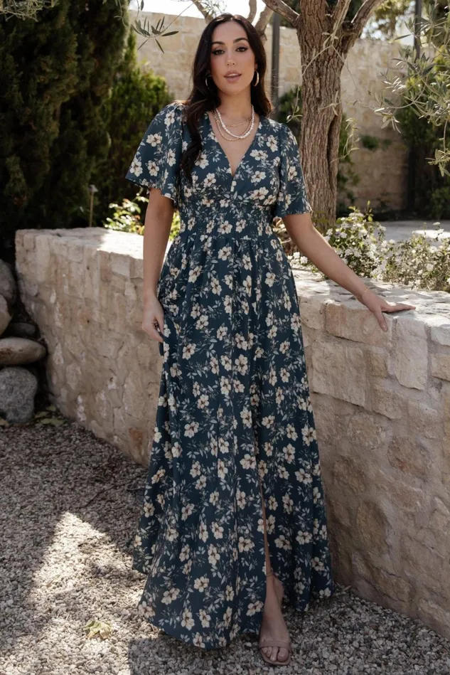 Baltic Born Wedding Guest Women Verona Smocked Maxi Dress Slate Floral