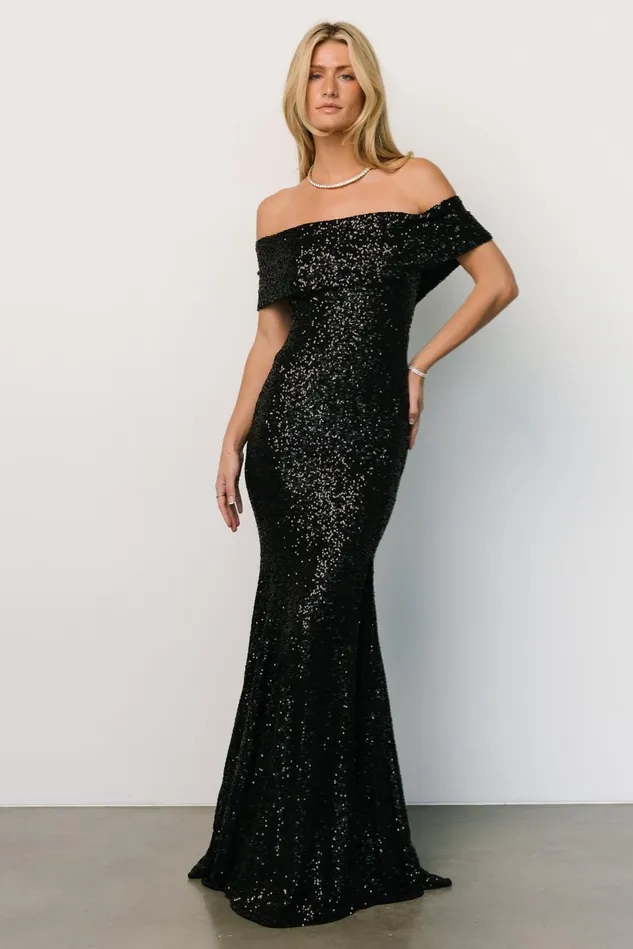 Baltic Born Wedding Guest Women Yvonne Off Shoulder Sequin Gown Black