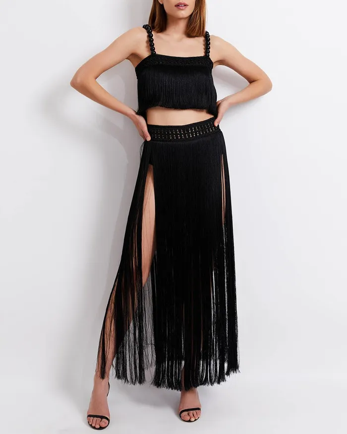Bottoms Women PatBO Fringe Maxi Skirt With Builtin Bottom FINAL SALE