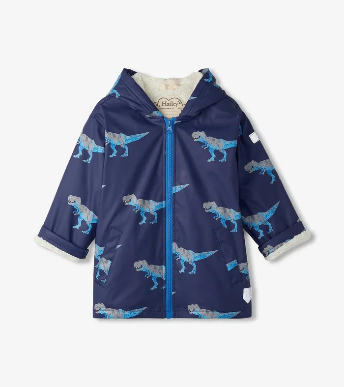 Boys TRex Attack Sherpa Lined ZipUp Rain Jacket Hatley