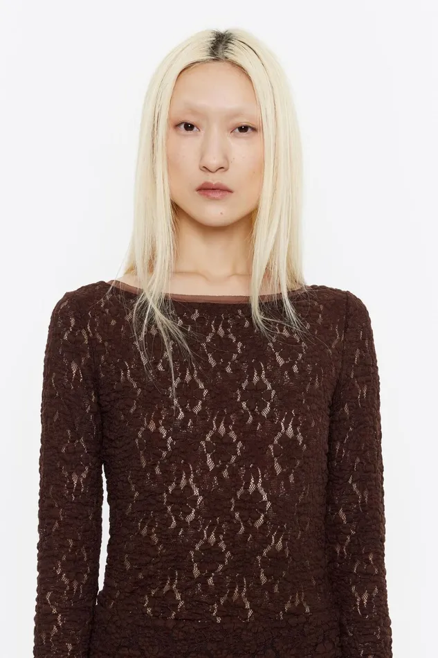 Brown Jacquard Fitted Tshirt Brown Women Bimba Y Lola TShirts Brown Jacquard Fitted Tshirt Brown Women Bimba Y Lola TShirts