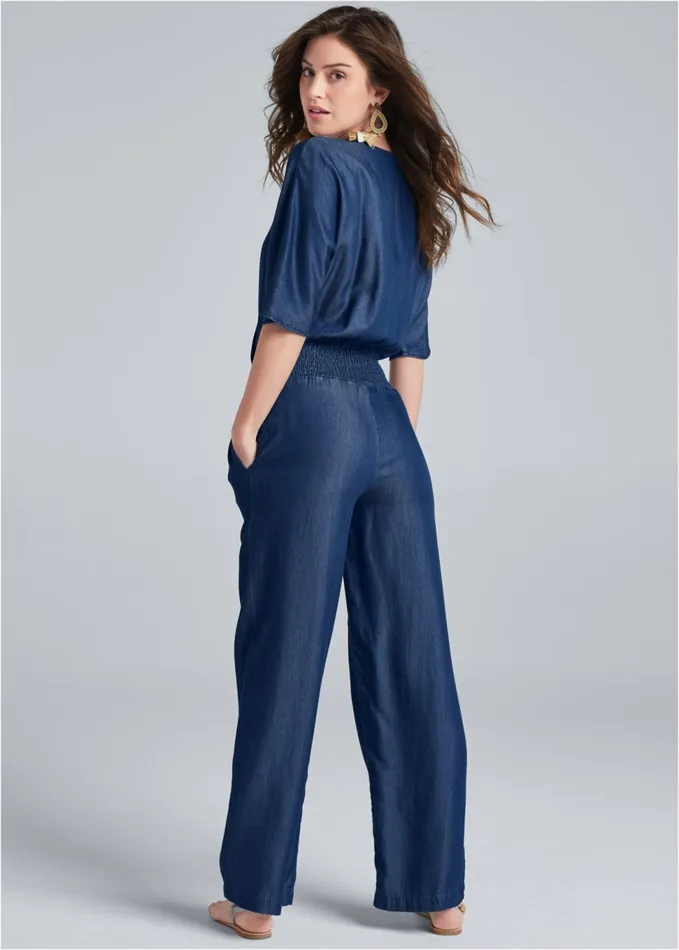 CHAMBRAY JUMPSUIT Dark Wash Women VENUS Casual Jumpsuits and Rompers