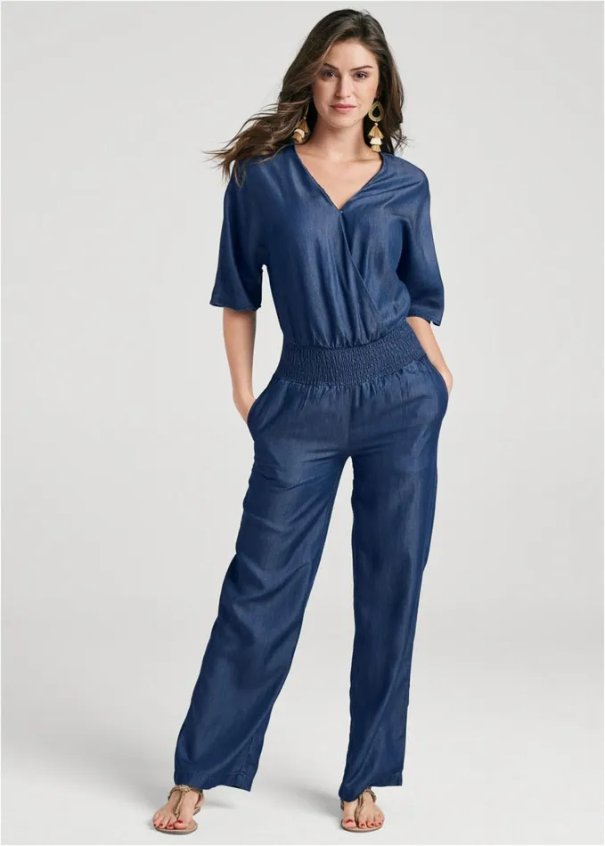 CHAMBRAY JUMPSUIT Dark Wash Women VENUS Casual Jumpsuits and Rompers