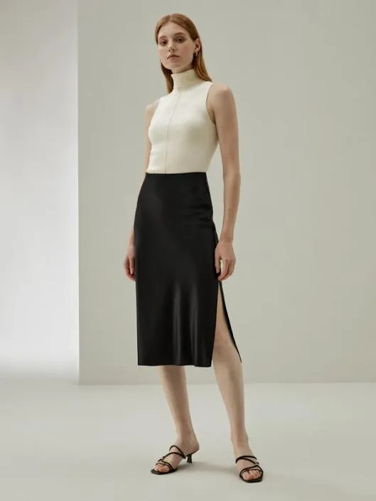 Chic And Elegant Minimalist Aesthetic Silk Poppy Skirt With Side Slit Women Lilysilk Bottoms