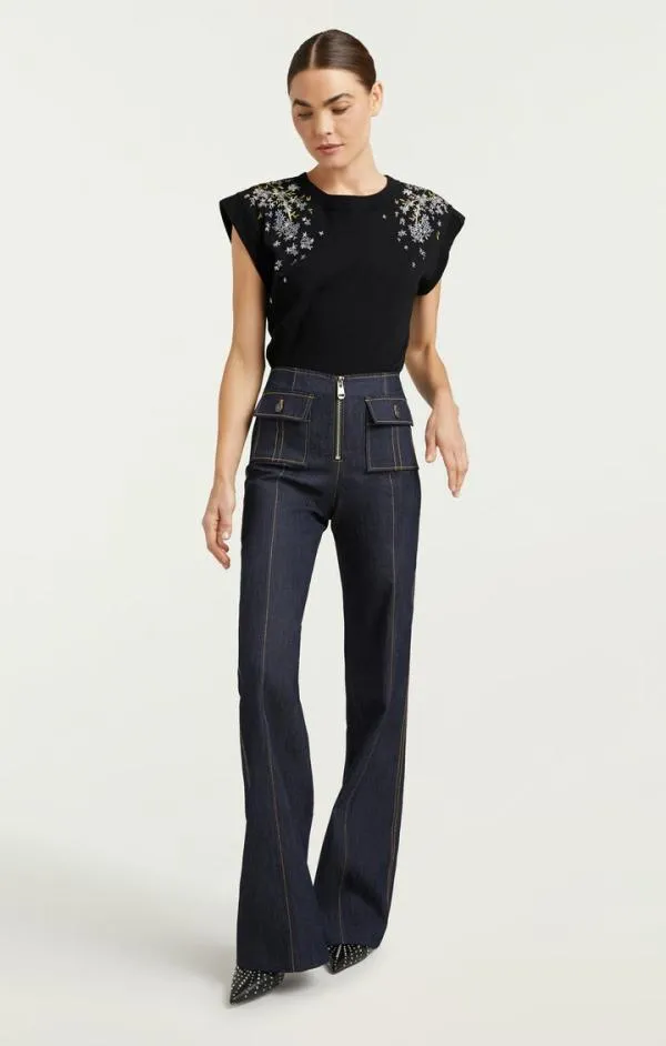 Cinq Sept Lilac Vine Embellished Bella Tee Black Multi Women Tees