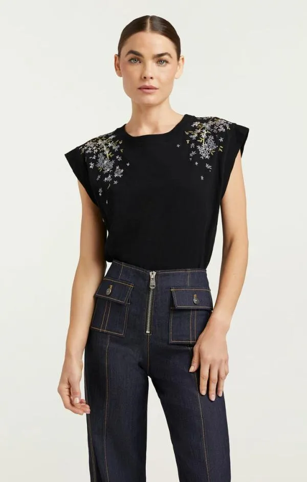 Cinq Sept Lilac Vine Embellished Bella Tee Black Multi Women Tees