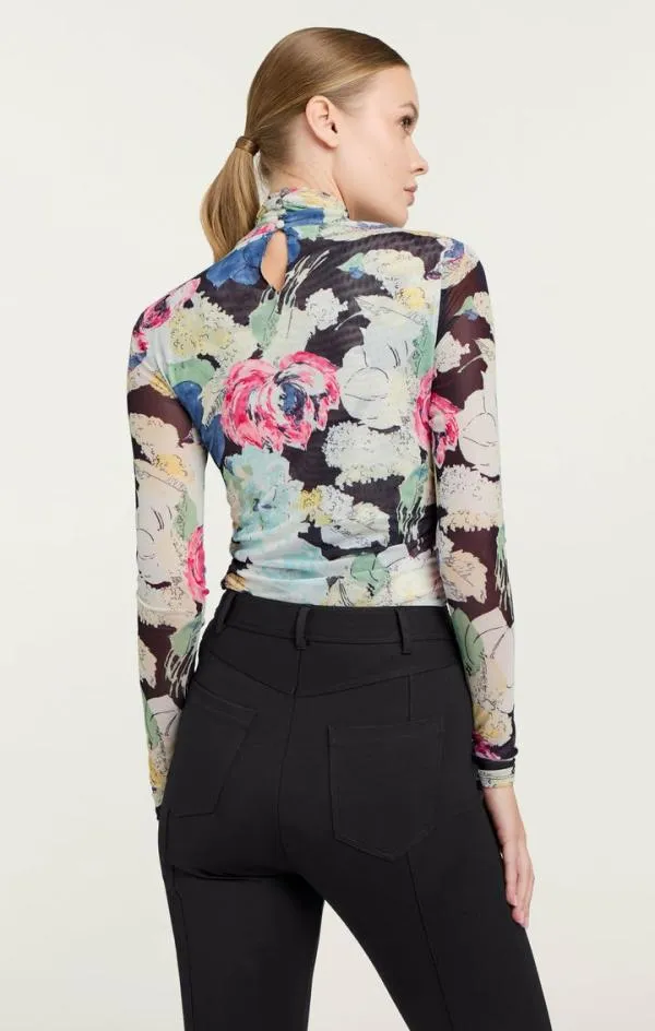 Cinq Sept Wildwood Flower Shirred Mesh Turtleneck Black Multi Women Long Sleeve Tops