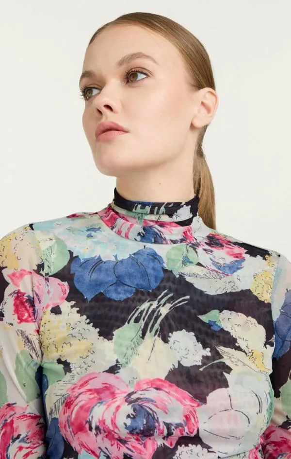 Cinq Sept Wildwood Flower Shirred Mesh Turtleneck Black Multi Women Long Sleeve Tops