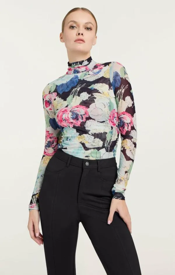 Cinq Sept Wildwood Flower Shirred Mesh Turtleneck Black Multi Women Long Sleeve Tops