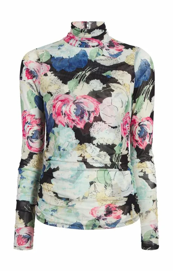Cinq Sept Wildwood Flower Shirred Mesh Turtleneck Black Multi Women Long Sleeve Tops
