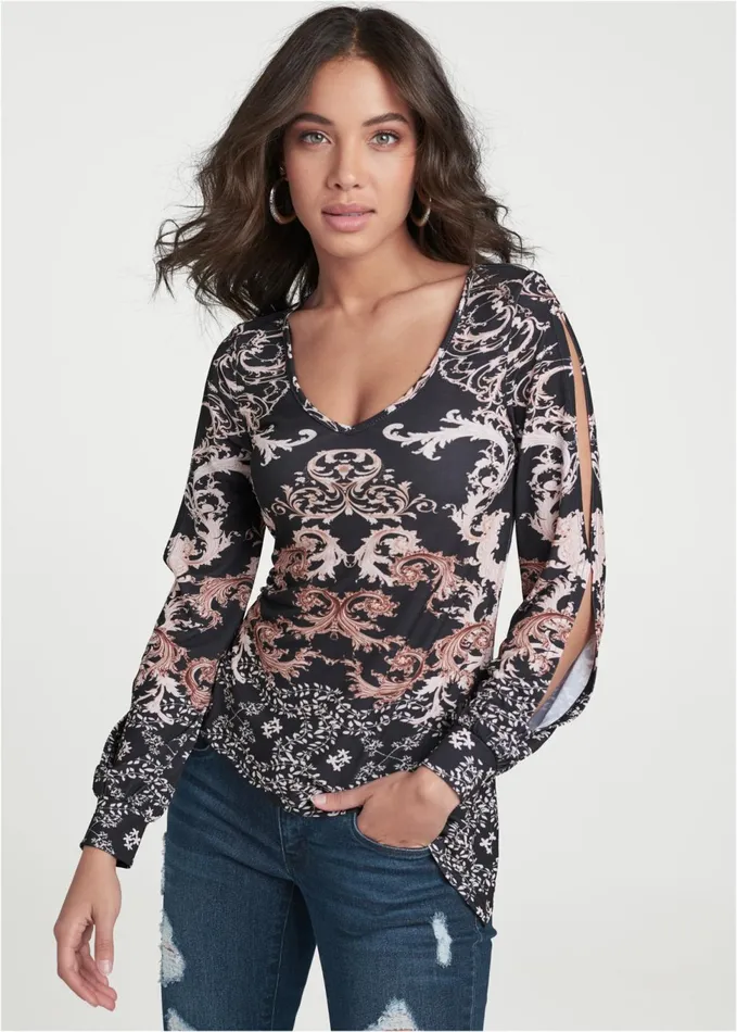 Coldshoulder Print Top Black Multi Women VENUS Long Sleeve Tops