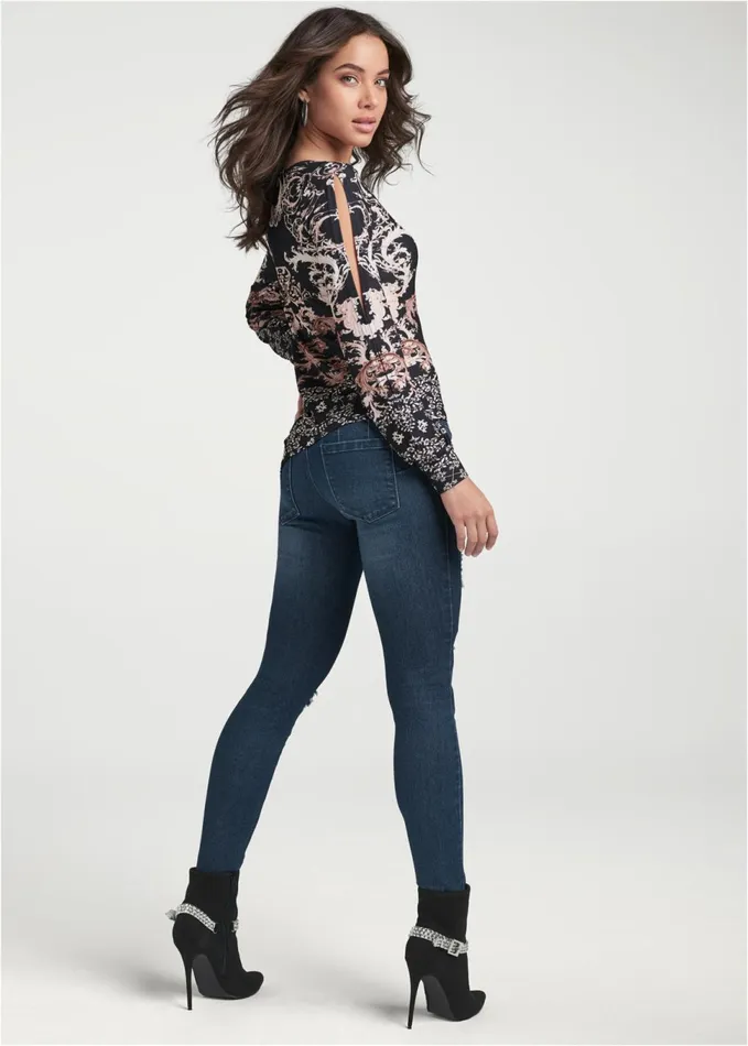 Coldshoulder Print Top Black Multi Women VENUS Long Sleeve Tops