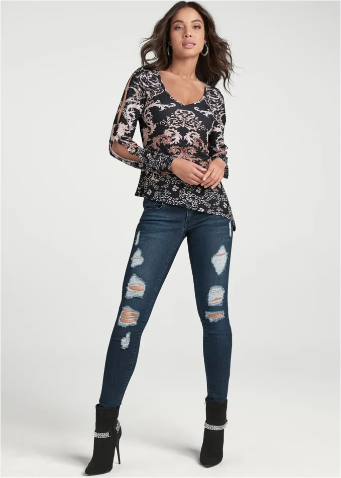 Coldshoulder Print Top Black Multi Women VENUS Long Sleeve Tops