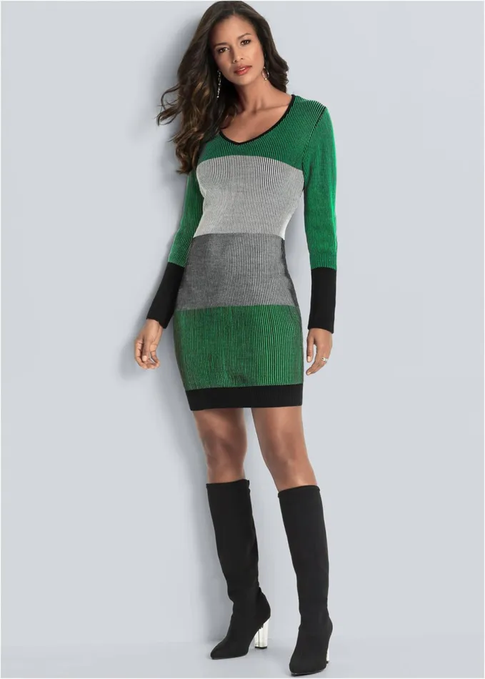 COLOR BLOCK SWEATER DRESS Green Women VENUS Short Dresses