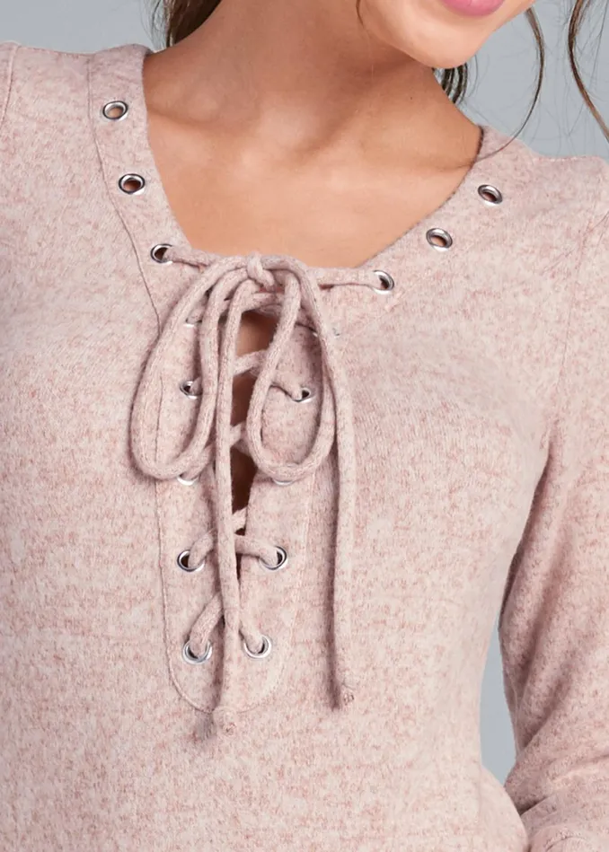 Cozy Hacci LaceUp Sweatshirt Dress Pale Pink Women VENUS Cozy Loungewear