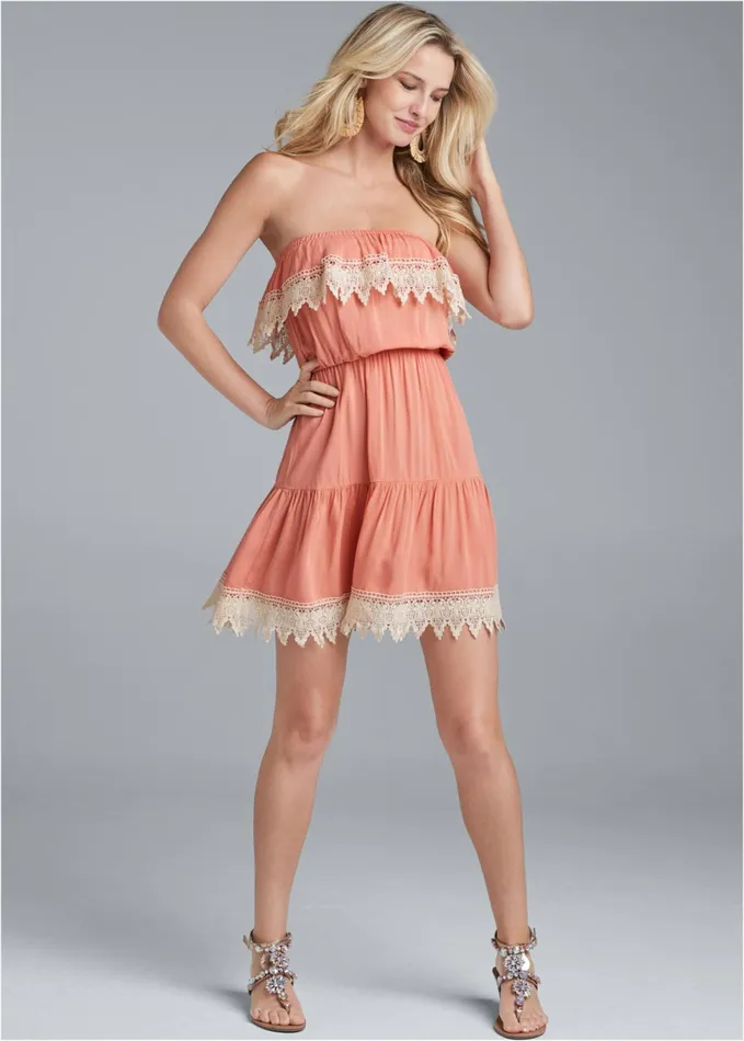 CROCHET DETAIL STRAPLESS DRESS Peach Women VENUS Sundresses