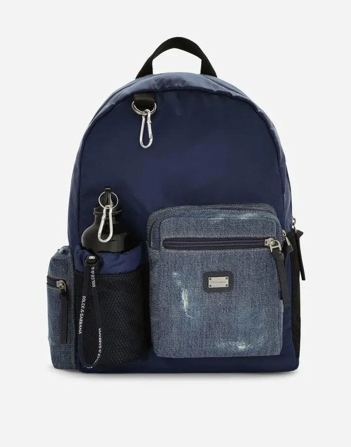 Dolce and Gabbana Accessories Children Denim And Nylon Backpack With Logo Tag Blue Dolce and Gabbana Accessories Children Denim And Nylon Backpack With Logo Tag Blue
