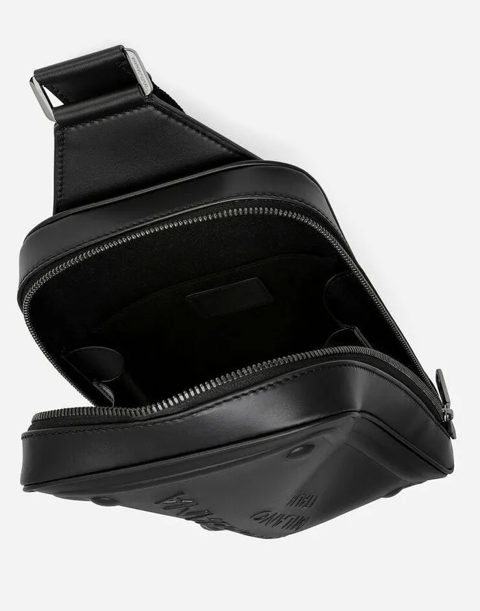 Dolce and Gabbana Backpacks And Fanny Packs Men Calfskin Belt Bag With Raised Logo Black