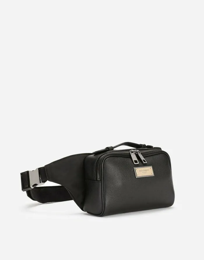 Dolce and Gabbana Backpacks And Fanny Packs Men Grainy Calfskin Belt Bag Black