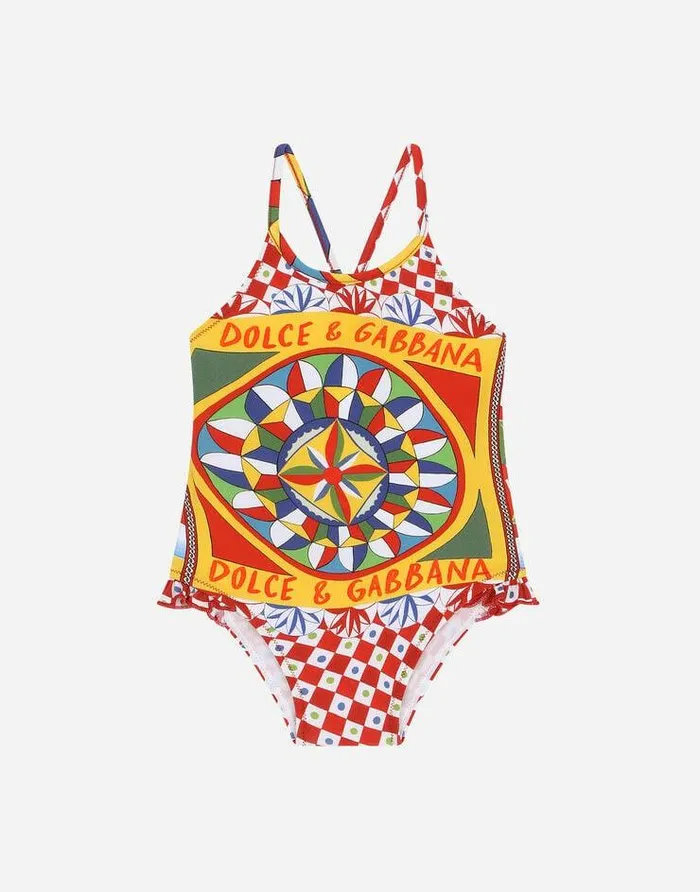 Dolce and Gabbana Beachwear Children Carrettoprint Onepiece Swimsuit With Ruched Side Red Dolce and Gabbana Beachwear Children Carrettoprint Onepiece Swimsuit With Ruched Side Red