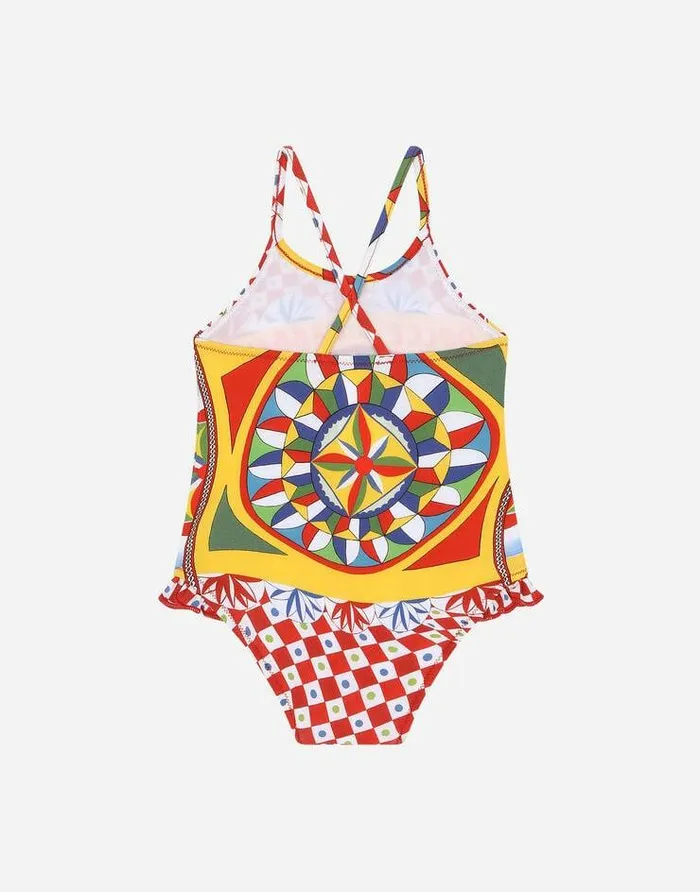 Dolce and Gabbana Beachwear Children Carrettoprint Onepiece Swimsuit With Ruched Side Red Dolce and Gabbana Beachwear Children Carrettoprint Onepiece Swimsuit With Ruched Side Red