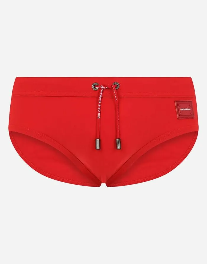 Dolce and Gabbana Beachwear Men Swim Briefs With Highcut Leg And Branded Plate Red Dolce and Gabbana Beachwear Men Swim Briefs With Highcut Leg And Branded Plate Red