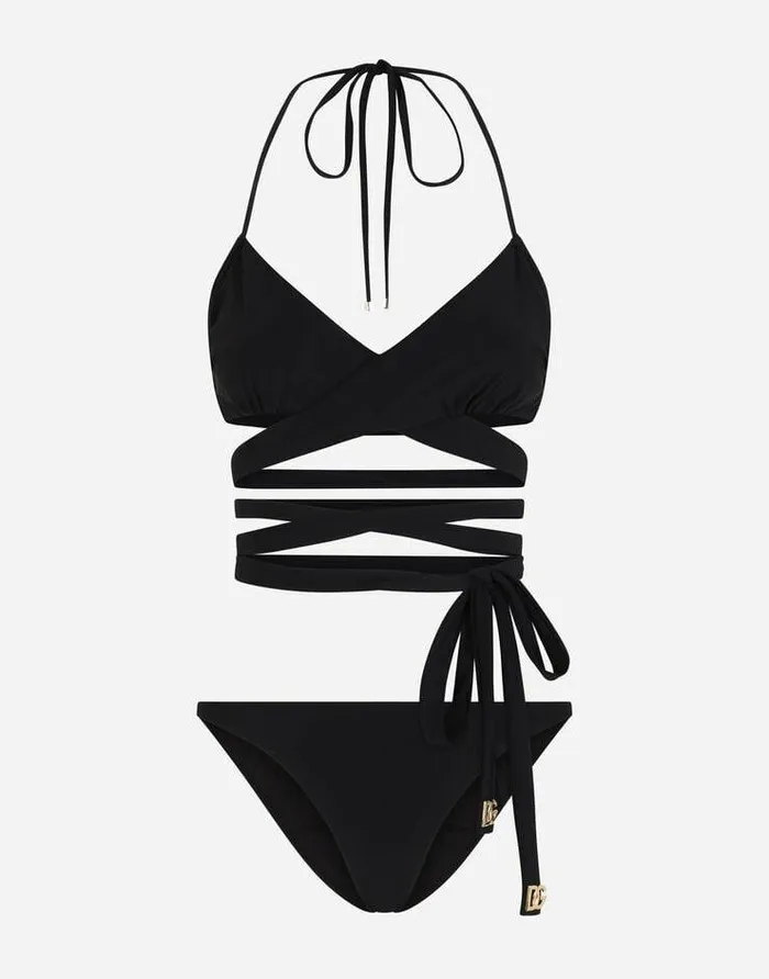 Dolce and Gabbana Beachwear Women Bikini With Wraparound Lace Ties Black